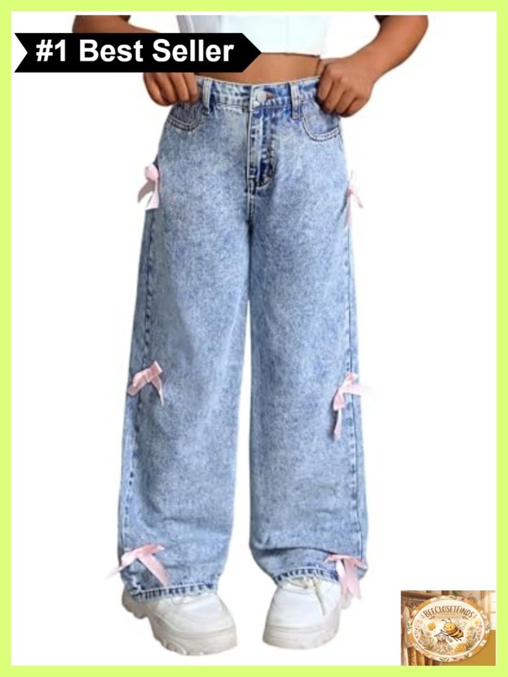 Girls Baggy Wide Leg High Waisted Jeans Y2K Bow Denim Pants
